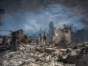 A house destroyed during an air attack in the village of Luhanskaya